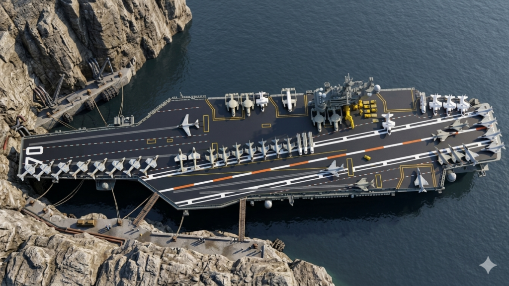 岩場に係留している空母カールビンソン